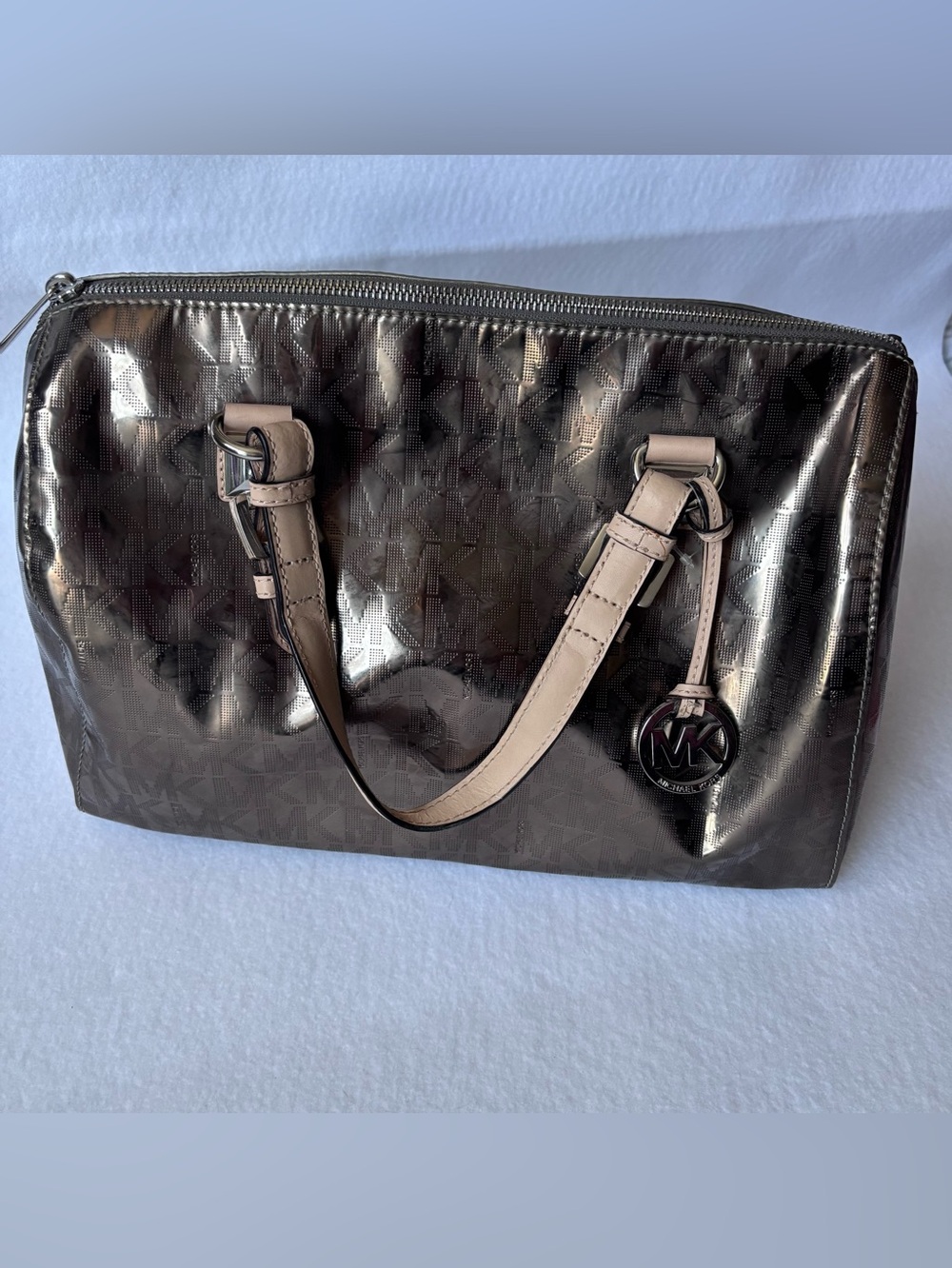Michael Kors Grayson Nickel Mirror Metallic Logo Satchel Bowler Bag Medium